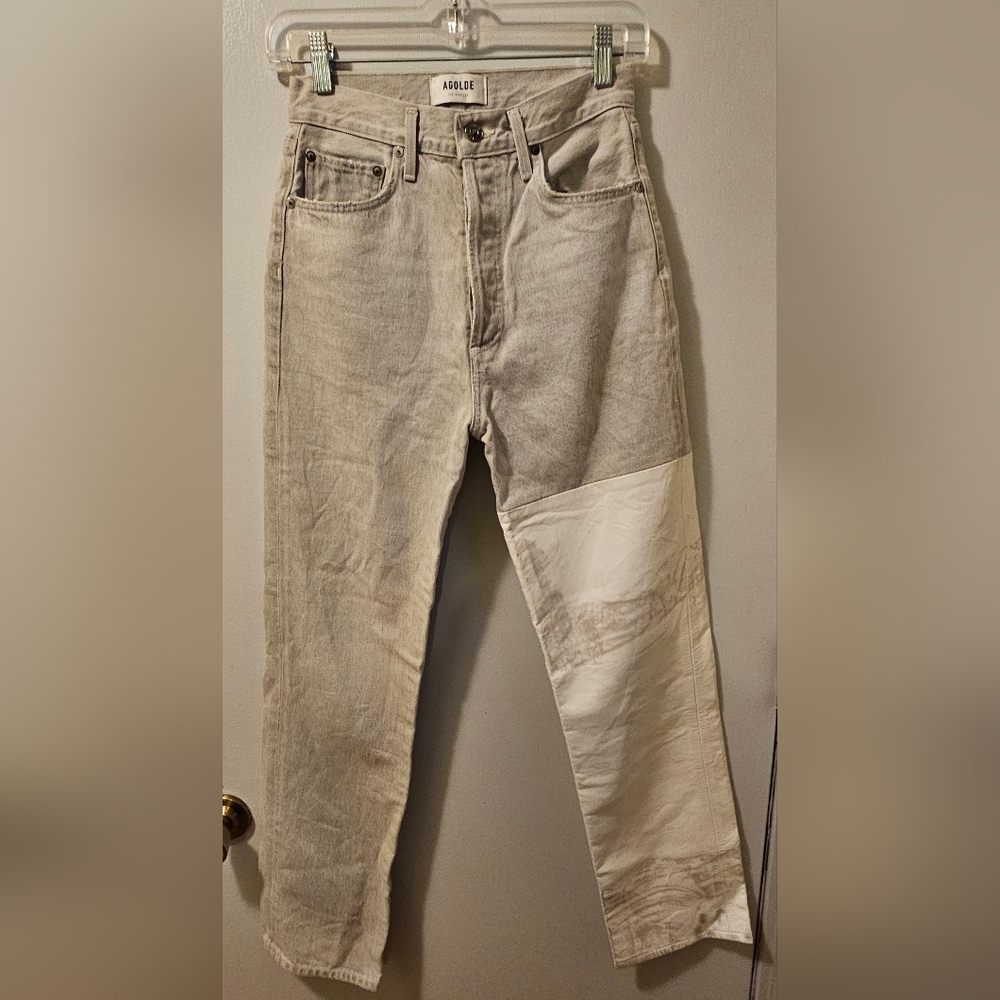 AGOLDE‎ Pieced '90s High-Rise Leather & Denim Straight-Leg Jeans Women's Size 25